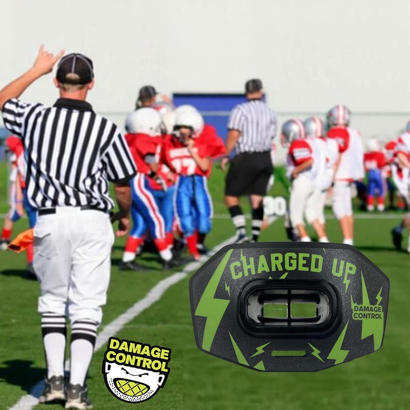 DAMAGE CONTROL Youth Football Mouth Guard – Breathable No Boil Mouthpiece, Protects Lips & Teeth, Works with Braces, Includes Helmet Strap – Sports Gear & Accessories (Charged Up) - Image 5